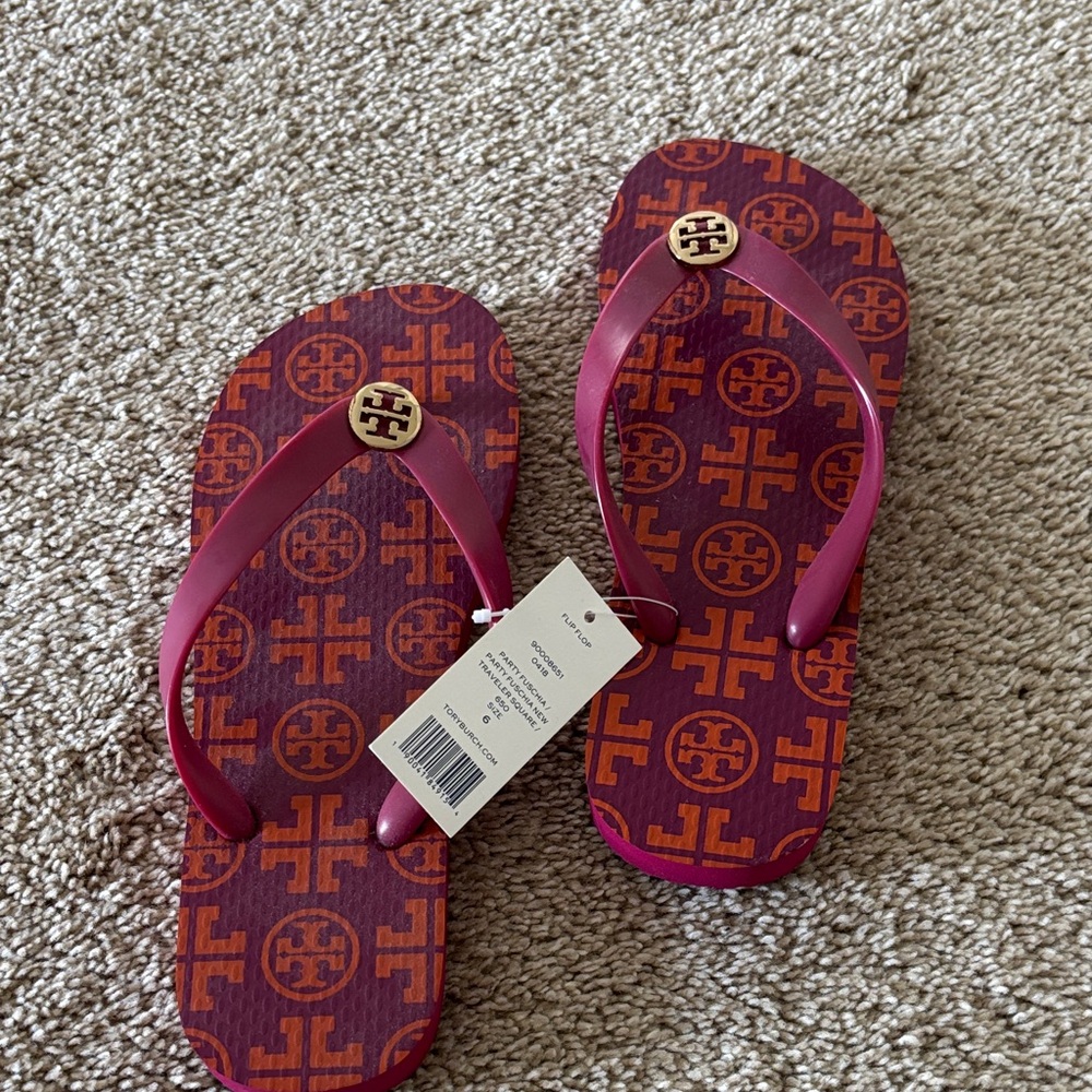 Tory Burch Burgundy and Orange Flip Flops